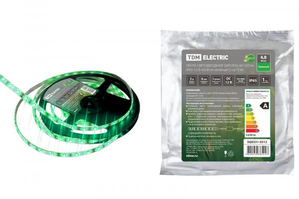 Лента  P65 12Y 4,8Вт/м-зелёный (5 м) SMD2835-60 LED/м-IP65-12 В-4,8 Вт/м-зелёный TDM