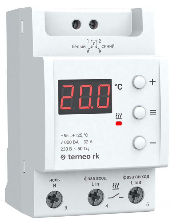 Терморегулятор Terneo rk для управления работой электрокотла и системой обогрева трубопроводов на основе нагревательного кабеля, а данные о температуре поступают к нему от цифрового датчика (входит в комплект).